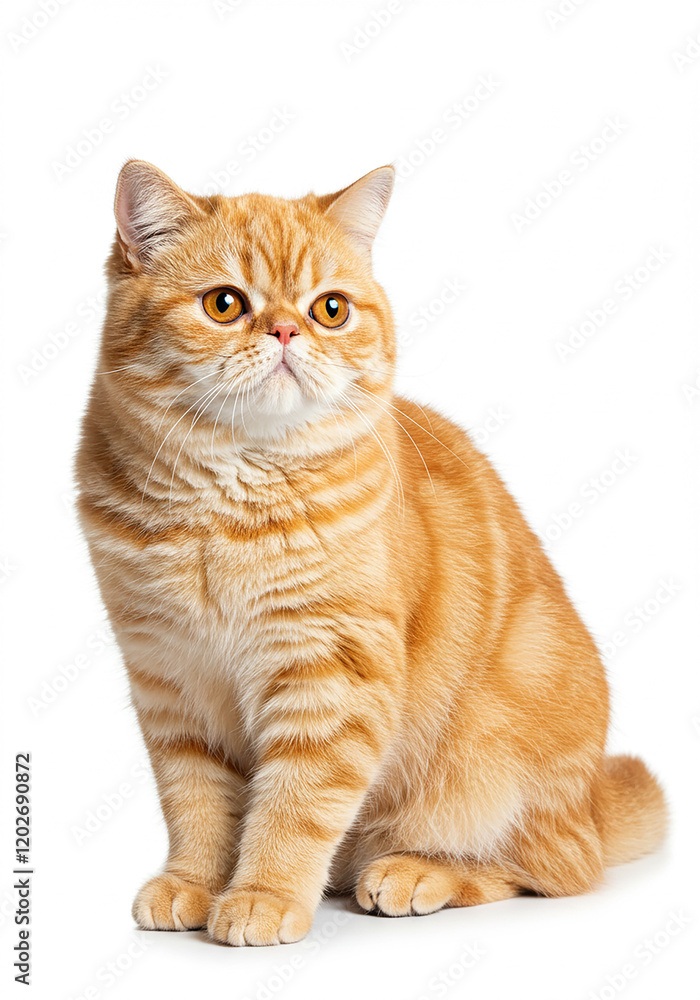 Fototapeta premium Adorable Ginger British Shorthair Cat Sitting Studio Shot White Background