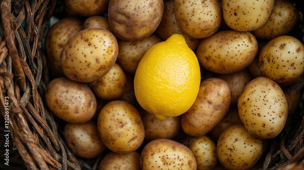 Basket brimming with numerous potatoes and lemon perched atop a potato Basket brimming with numerous potatoes and lemon perched atop a potato