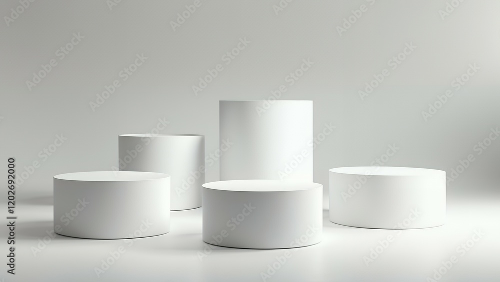 Empty podium or pedestal display on white background with cylinder stand concept. Blank product shelf standing backdrop. 3D rendering Empty podium or pedestal display on white background with cylinder stand concept. Blank product shelf standing backdrop. 3D rendering