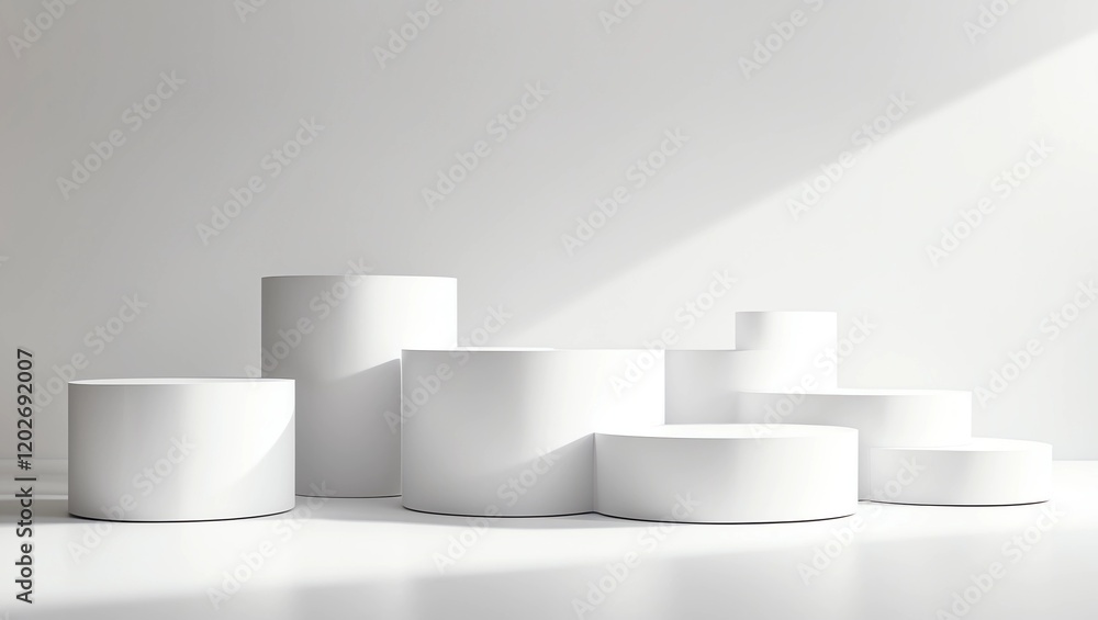 Empty podium or pedestal display on white background with cylinder stand concept. Blank product shelf standing backdrop. 3D rendering Empty podium or pedestal display on white background with cylinder stand concept. Blank product shelf standing backdrop. 3D rendering