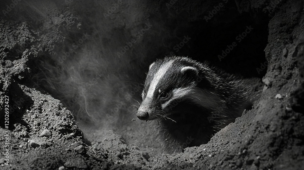 Obraz premium Black-and-white image of a badger emerging from a burrow with smoke emanating