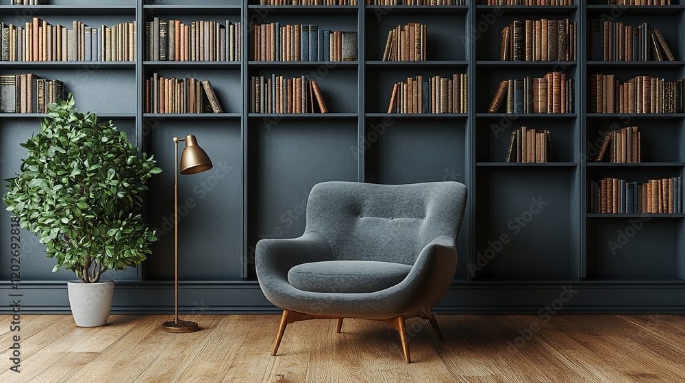 A cozy reading nook featuring a gray chair, bookshelves, a plant, and a floor lamp. A cozy reading nook featuring a gray chair, bookshelves, a plant, and a floor lamp.