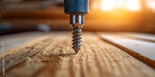 Woodworking, drilling screw, closeup photo