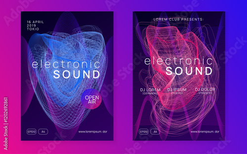 Sound Banner. Fest Set. Soundwave Audio Illustration. Discotheque Trance Element. Violet Music Design. Electro Invite. Pink Edm Event. Blue Sound Banner