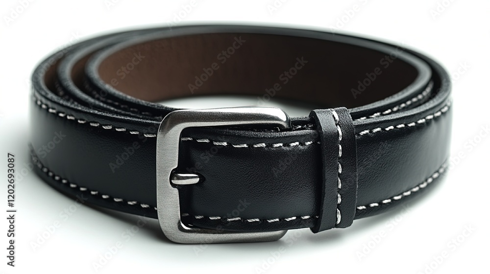 A black leather belt with a silver buckle and white stitching, designed for fashion and utility. A black leather belt with a silver buckle and white stitching, designed for fashion and utility.