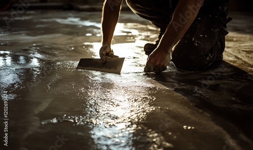 Worker smoothing concrete floor photo