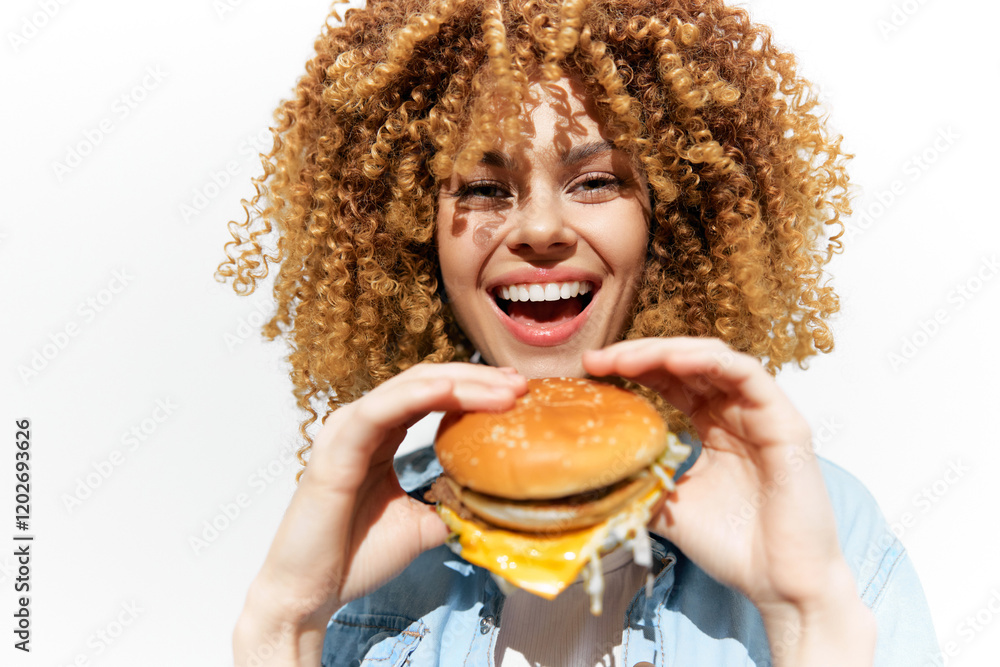 Naklejka premium Cheerful young woman with curly hair enjoying a delicious burger, representing healthy eating with a vibrant, white background