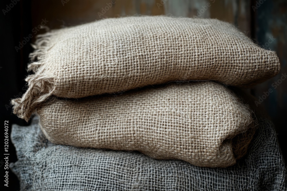 Stack of rustic woven textile blankets Stack of rustic woven textile blankets