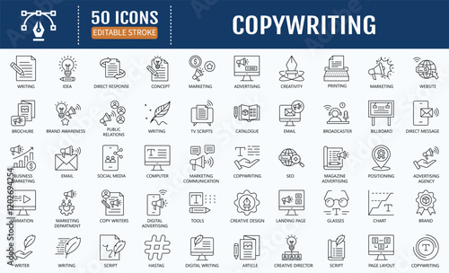 Copywriting line editable icon set. Containing advertising, marketing, creative, concept, idea icon. Vector Illustration