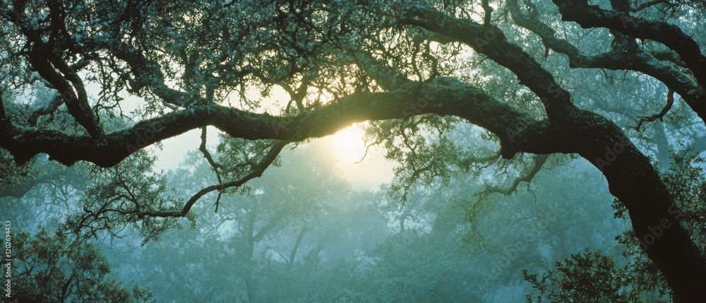 Fototapeta premium Sunlight filters through the branches of ancient trees, casting a misty, ethereal glow that illuminates the serene forest canopy.