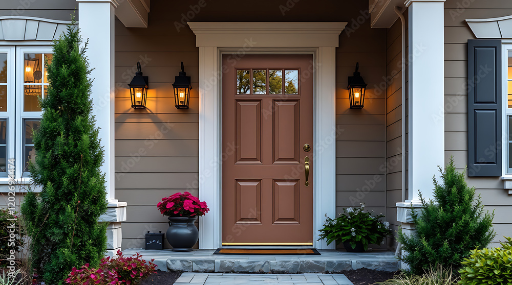 Fototapeta premium Elegant Home Exterior with a Classic Front Door and Landscaping. A perfect example of modern residential architecture, showcasing beautiful design and curb appeal.