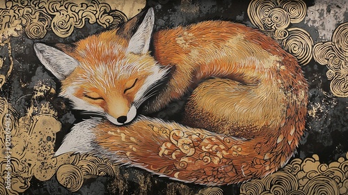   A red fox sleeps atop a golden swirl bed against a dark background in a painting