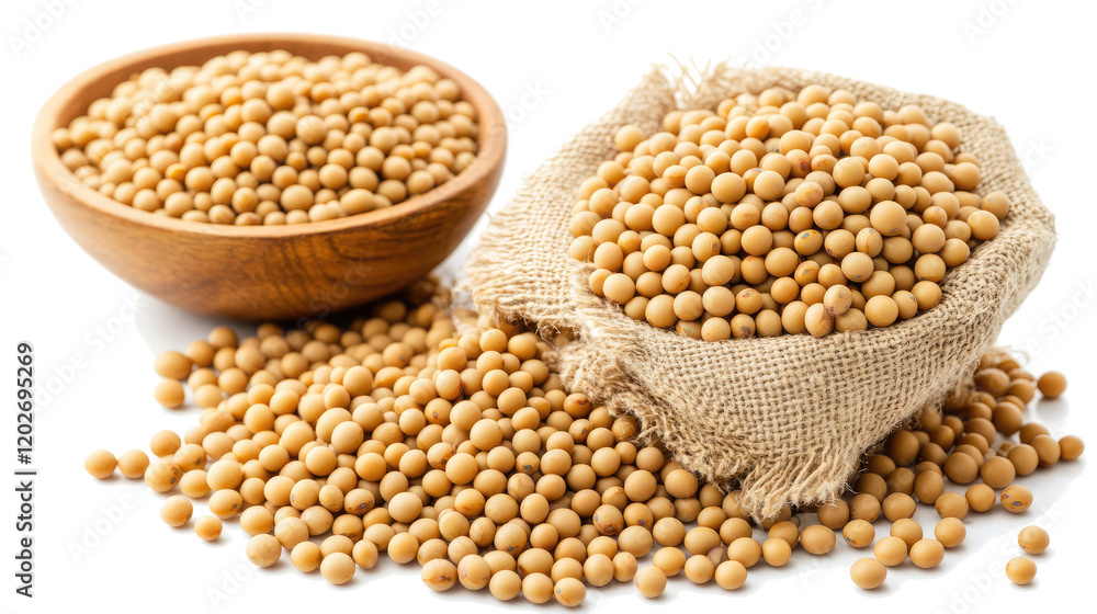 Collection of Yellow Soybeans in Bowls and Bags Generative AI Collection of Yellow Soybeans in Bowls and Bags Generative AI