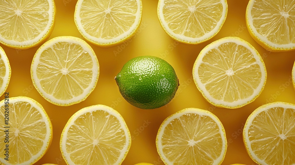 Fototapeta premium Lemons & limes, half-cut on yellow background