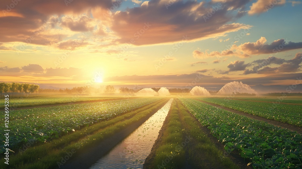 Fototapeta premium Sunset over irrigated farmland. (1)