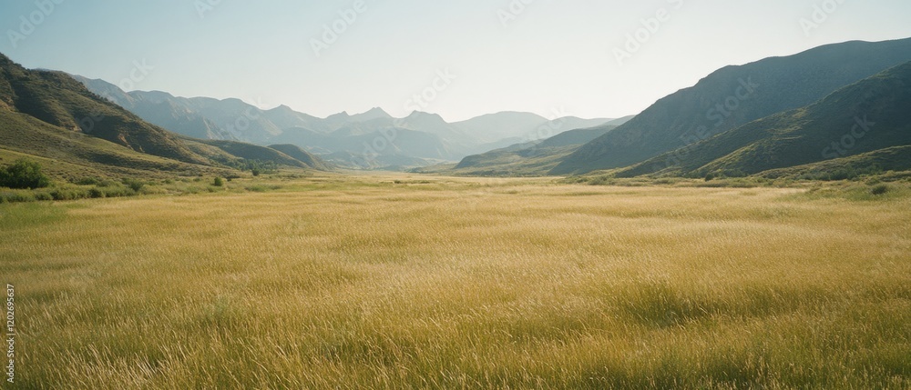 Obraz premium A vast golden field stretches into the distance, framed by majestic mountains under a clear blue sky, capturing the essence of untouched nature.