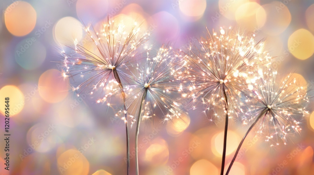 Sparkling dandelion wishes on bokeh background. Sparkling dandelion wishes on bokeh background.
