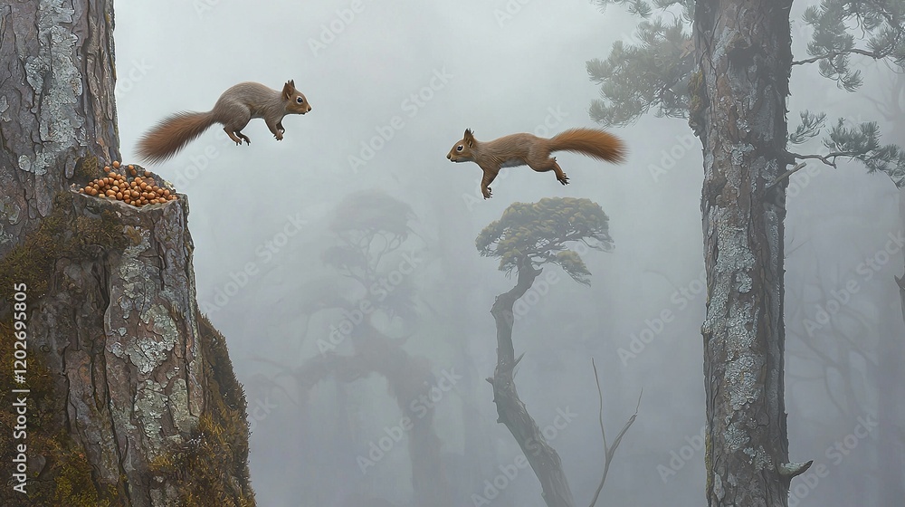 Flying animals above a foggy tree trunk in a forest Flying animals above a foggy tree trunk in a forest