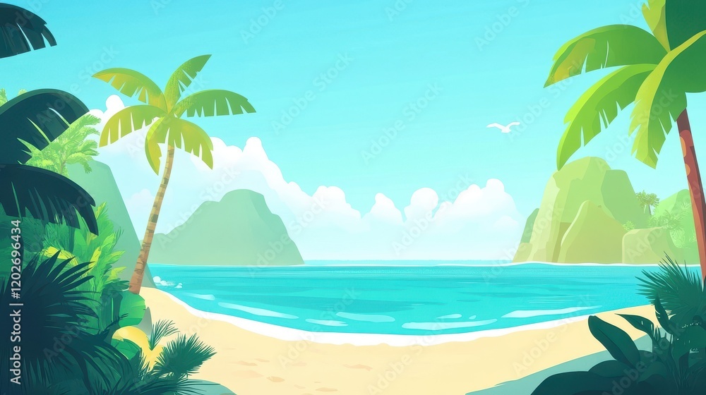 Obraz premium Tropical Beach Scene With Palm Trees And Ocean