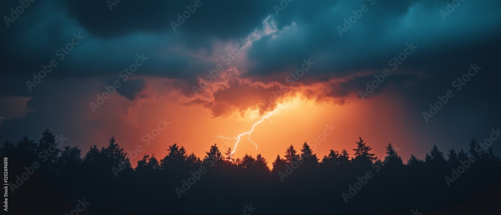 Fototapeta premium A dramatic bolt of lightning splits the sky above dark silhouetted forest trees, framed by ominous storm clouds glowing with the fiery hues of sunset.