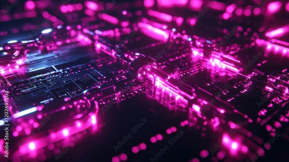 Abstract Futuristic Circuit Board: Neon Pink and Blue Glow Abstract Futuristic Circuit Board: Neon Pink and Blue Glow