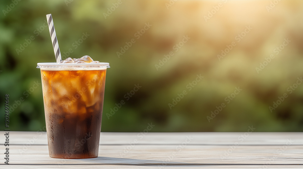 Refreshing iced coffee drink in a clear cup with a straw on a wooden table surrounded by a vibrant green natural background Refreshing iced coffee drink in a clear cup with a straw on a wooden table surrounded by a vibrant green natural background