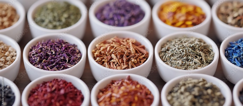Assortment of Dried Herbs and Spices in White Bowls Assortment of Dried Herbs and Spices in White Bowls