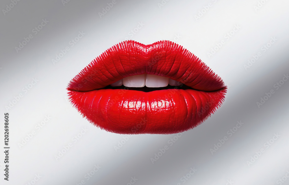 Obraz premium Imprint or print of red lipstick on a white background, isolated. Makeup female lips close up. Concept of love, makeup and beauty. Sexy red lips on white, kiss. Trace of lipstick. 