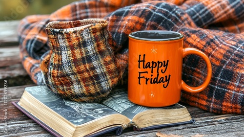 Cozy Friday Morning: Happy Friday Mug, Plaid Blanket, and Book