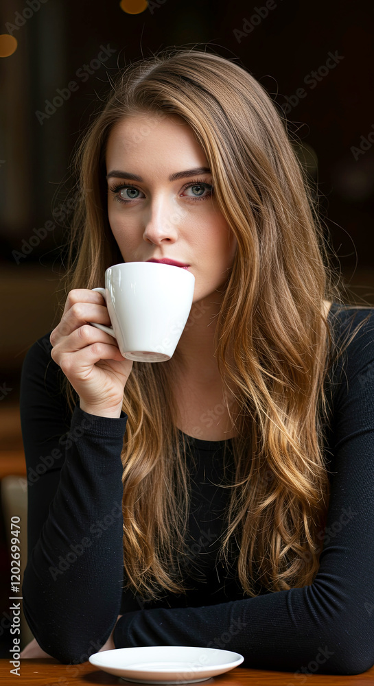 A young beautiful woman with long hair. Lady girl is sitting, drink a cup of coffee tea. With plain background A young beautiful woman with long hair. Lady girl is sitting, drink a cup of coffee tea. With plain background
