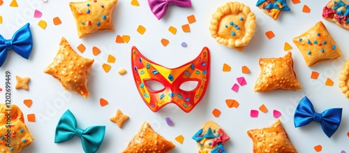 Festive pastries, mask, confetti; party background