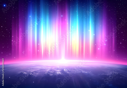 Beautiful planet with colorful aurora, space background, view from the sky, planet surface with mountains and rivers, colorful light effect on the Earth's atmosphere, bright blue sun rays shining 