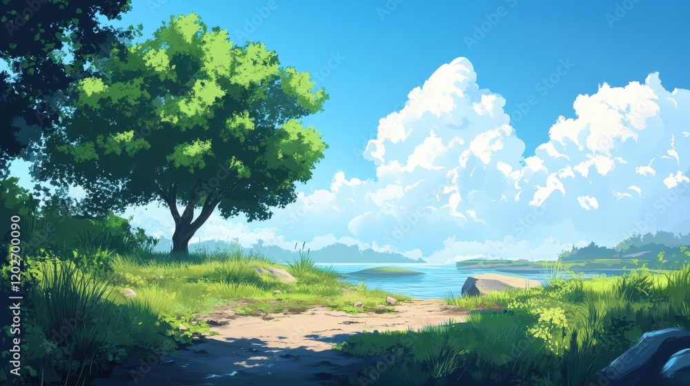 Serene Lakeside Summer Landscape With Lush Greenery Serene Lakeside Summer Landscape With Lush Greenery
