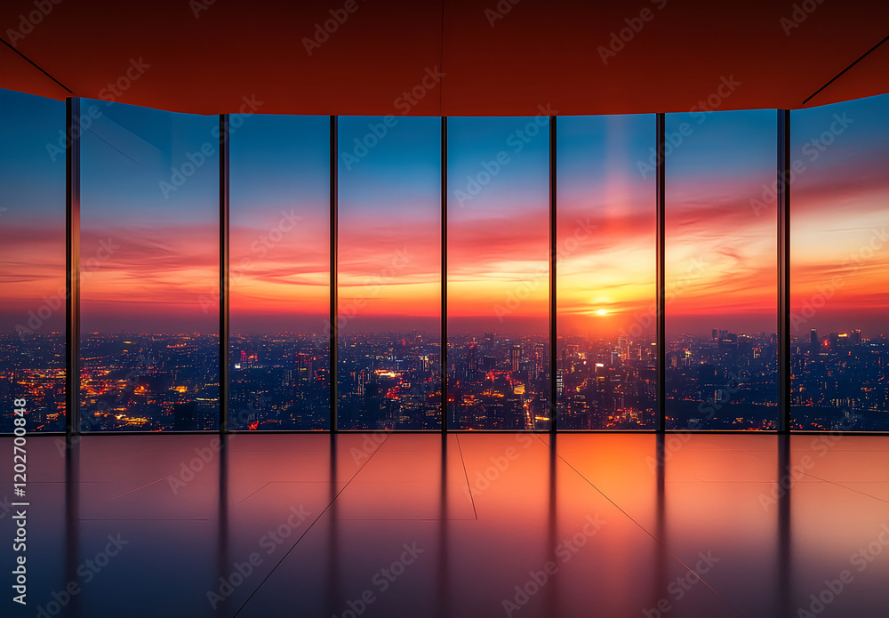 Fototapeta premium Night cityscape from the roof of a skyscraper, reflections on glass surfaces, cyberpunk style, neon lights, high-resolution photography, high quality.
