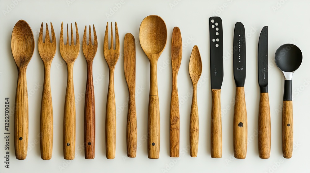 A collection of wooden and black kitchen utensils arranged neatly on a surface. A collection of wooden and black kitchen utensils arranged neatly on a surface.