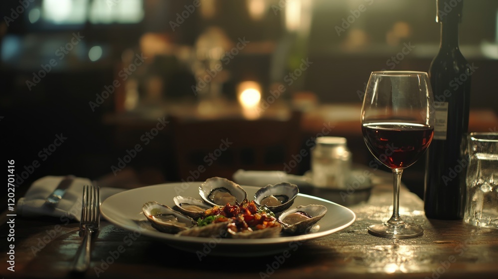 A plate of oyster with drink on dinner table A plate of oyster with drink on dinner table