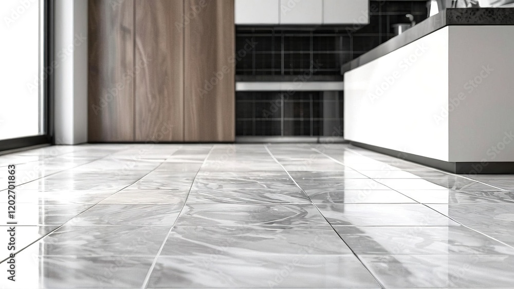 Obraz premium Modern kitchen, marble floor, sleek design, spacious layout, home interior