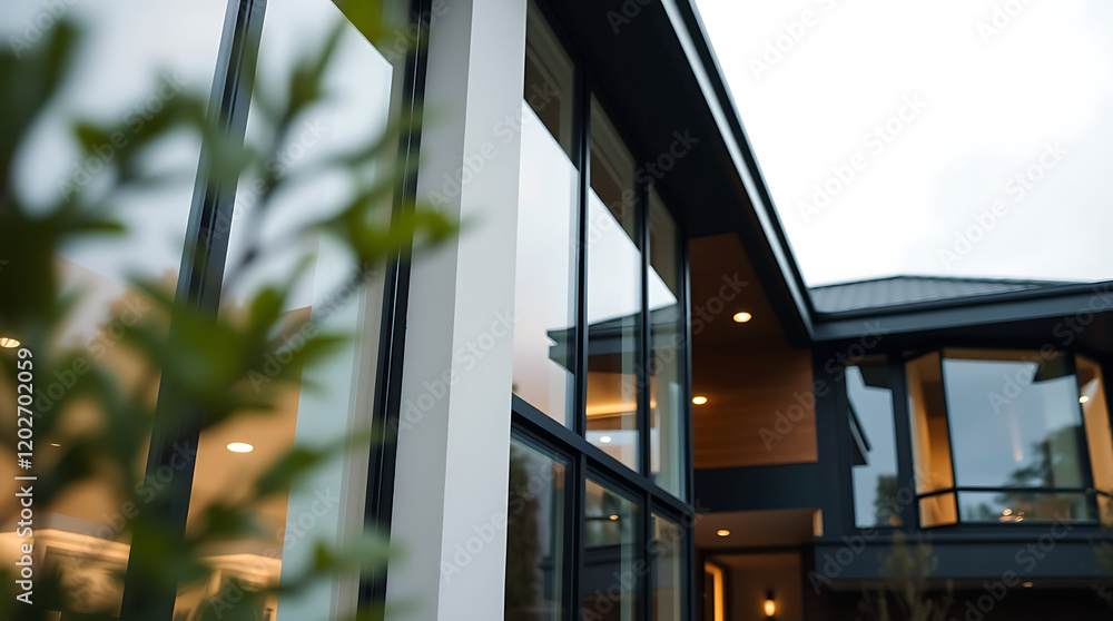 Fototapeta premium Modern Architectural Design: A Luxurious Home Exterior with Panoramic Windows and Clean Lines