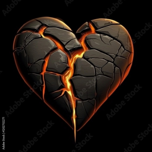 Shattered stone heart with inner fire, symbolizing broken heart or passionate but tormented love.	 photo