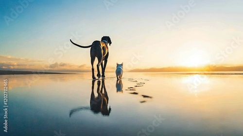   A dog and a cat stroll on a beach during sunset, with the reflection of the setting sun shining on the damp sand