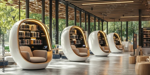 A futuristic public library with interactive pods offering immersive VR learning experiences,