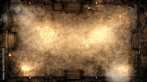 Battle Map Game: Top-Down View of a Dusty Arena with Wooden Benc