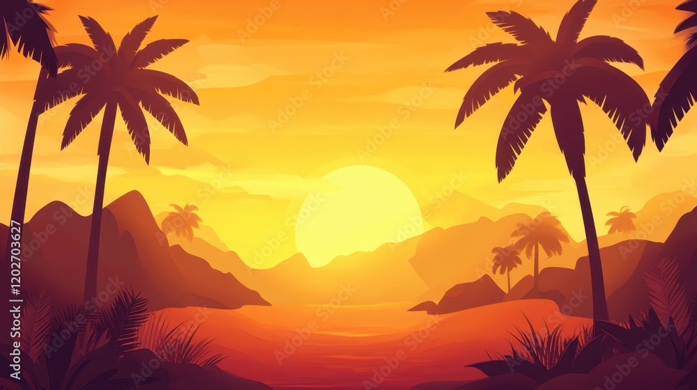 Tropical Sunset Landscape with Palm Trees and Mountains Tropical Sunset Landscape with Palm Trees and Mountains