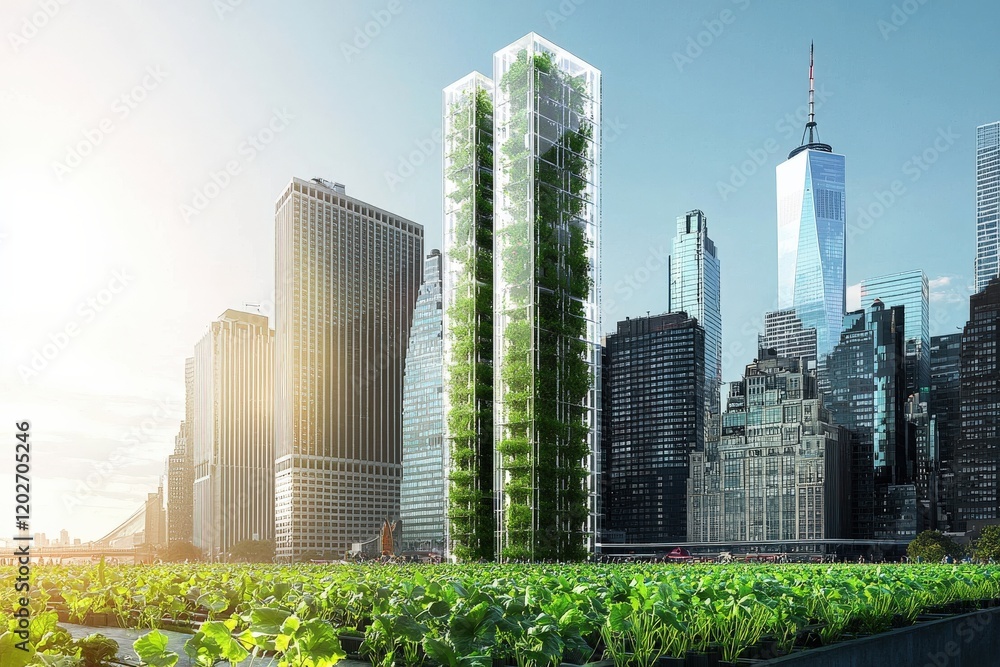 Fototapeta premium A futuristic vertical farm within a glass skyscraper in a city skyline,