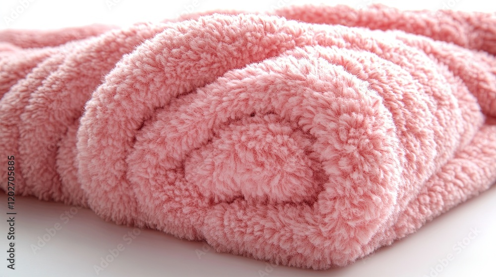 A soft, pink, fluffy blanket rolled up, perfect for cozying up or adding warmth to a space. A soft, pink, fluffy blanket rolled up, perfect for cozying up or adding warmth to a space.