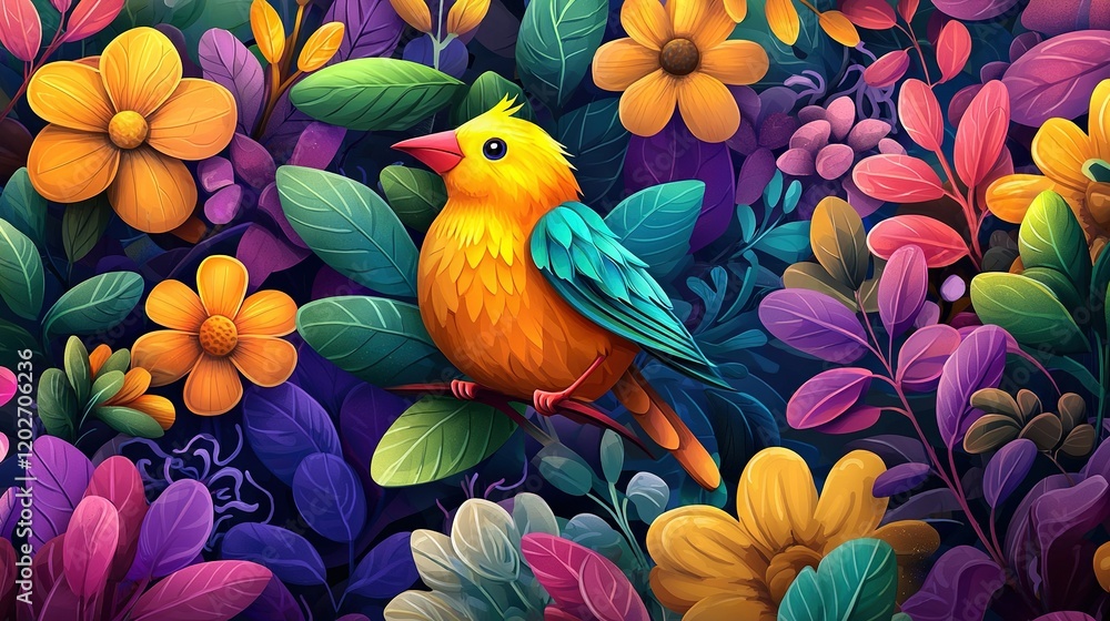 Fototapeta premium A vibrant depiction of a sunbird perched atop a blooming tree against a backdrop of azure heavens