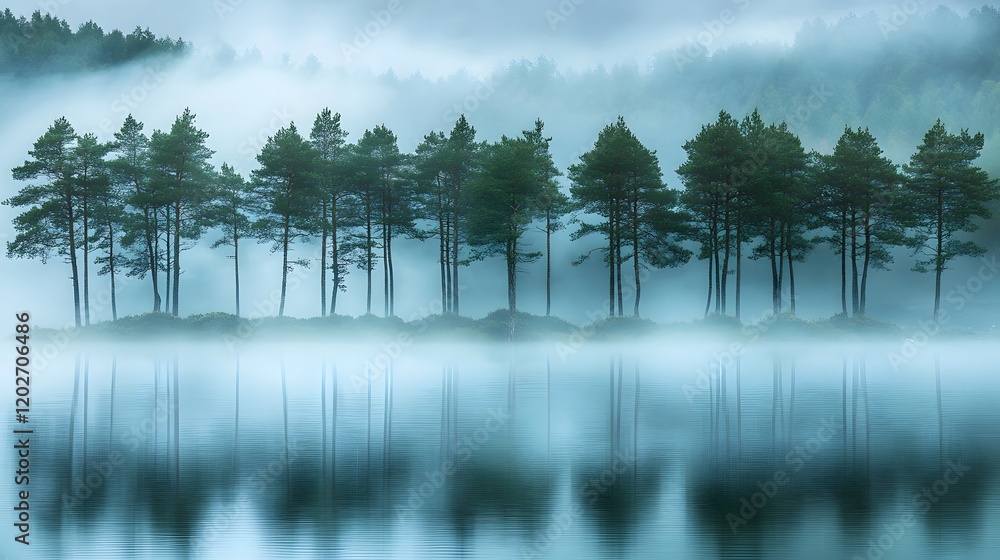 Fototapeta premium Misty Morning Island Pine Trees Reflecting In Still Water