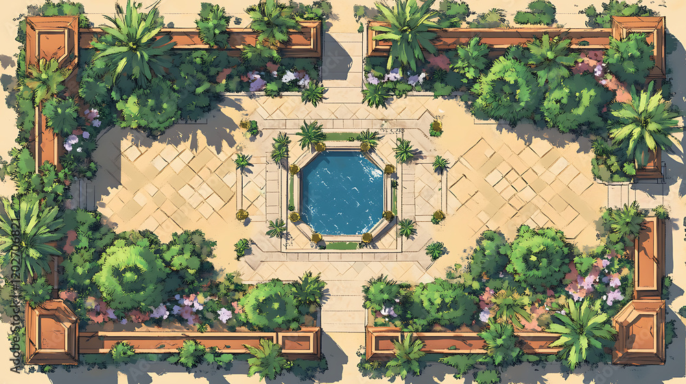 Fototapeta premium Desert Oasis Battle Map Game: Lush Courtyard Top-Down View