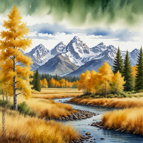 watercolor illustration of the peaceful Teton Valley in Wyoming during autumn.
