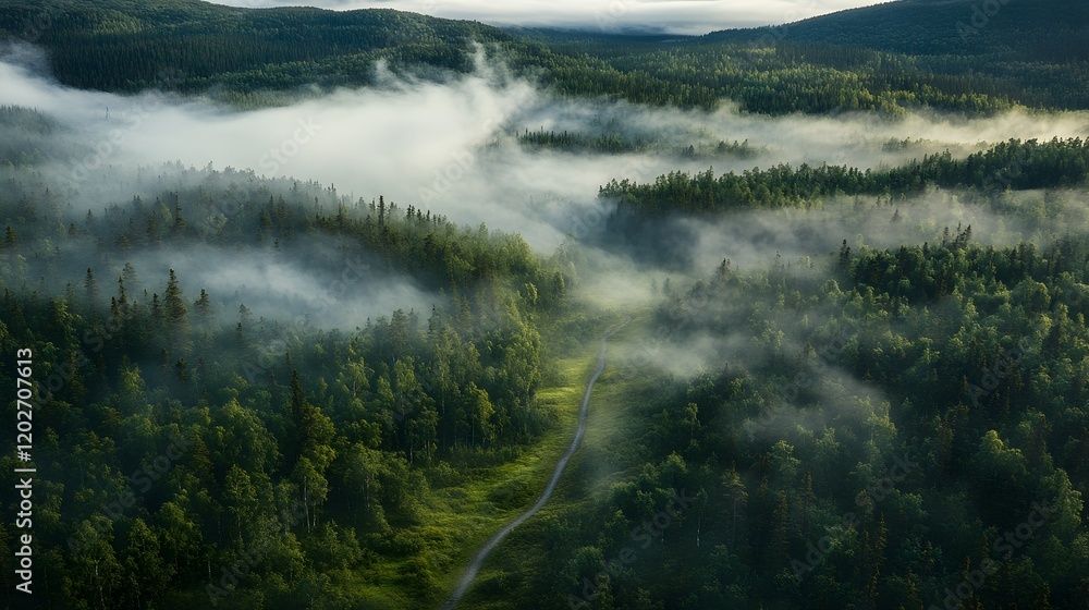 Fototapeta premium Misty morning path through a verdant forest landscape